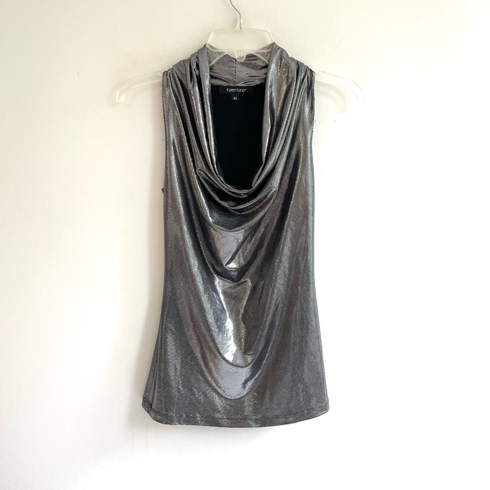 SILVER BLACK METALLIC SLEEVELESS COWL NECK TOP FORM FIT STRETCH